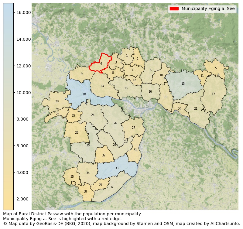 Map of Rural district Passaw with the population per municipality.Municipality Eging a. See is highlighted with a red edge.. This page shows a lot of information about residents (such as the distribution by age groups, family composition, gender, native or German with an immigration background, ...), homes (numbers, types, price development, use, type of property, ...) and more (car ownership, energy consumption, ...) based on open data from the German Federal Agency for Cartography, the Federal Statistical Office (DESTATIS), the Regional Statistical Offices and various other sources!