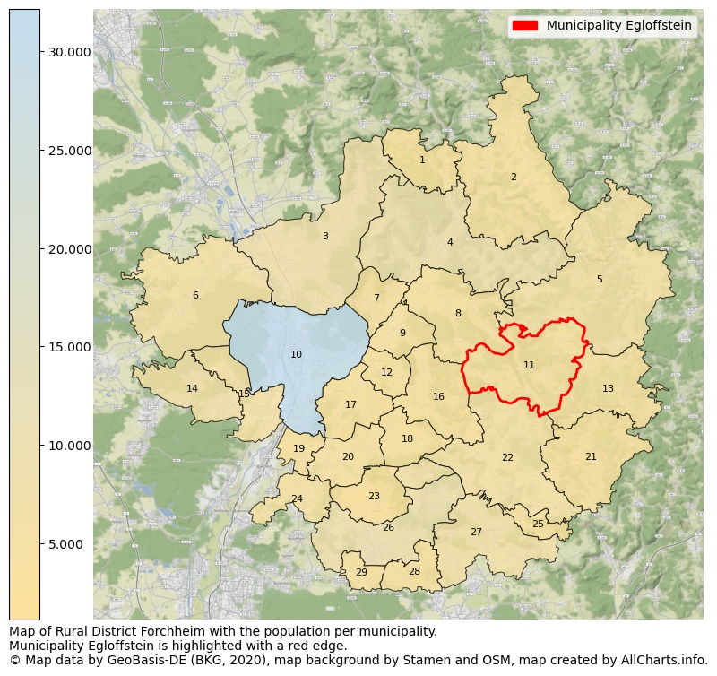 Map of Rural district Forchheim with the population per municipality.Municipality Egloffstein is highlighted with a red edge.. This page shows a lot of information about residents (such as the distribution by age groups, family composition, gender, native or German with an immigration background, ...), homes (numbers, types, price development, use, type of property, ...) and more (car ownership, energy consumption, ...) based on open data from the German Federal Agency for Cartography, the Federal Statistical Office (DESTATIS), the Regional Statistical Offices and various other sources!