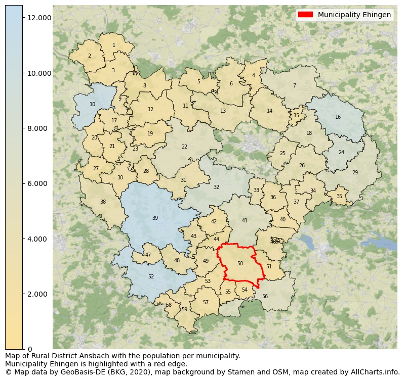 Map of Rural district Ansbach with the population per municipality.Municipality Ehingen is highlighted with a red edge.. This page shows a lot of information about residents (such as the distribution by age groups, family composition, gender, native or German with an immigration background, ...), homes (numbers, types, price development, use, type of property, ...) and more (car ownership, energy consumption, ...) based on open data from the German Federal Agency for Cartography, the Federal Statistical Office (DESTATIS), the Regional Statistical Offices and various other sources!