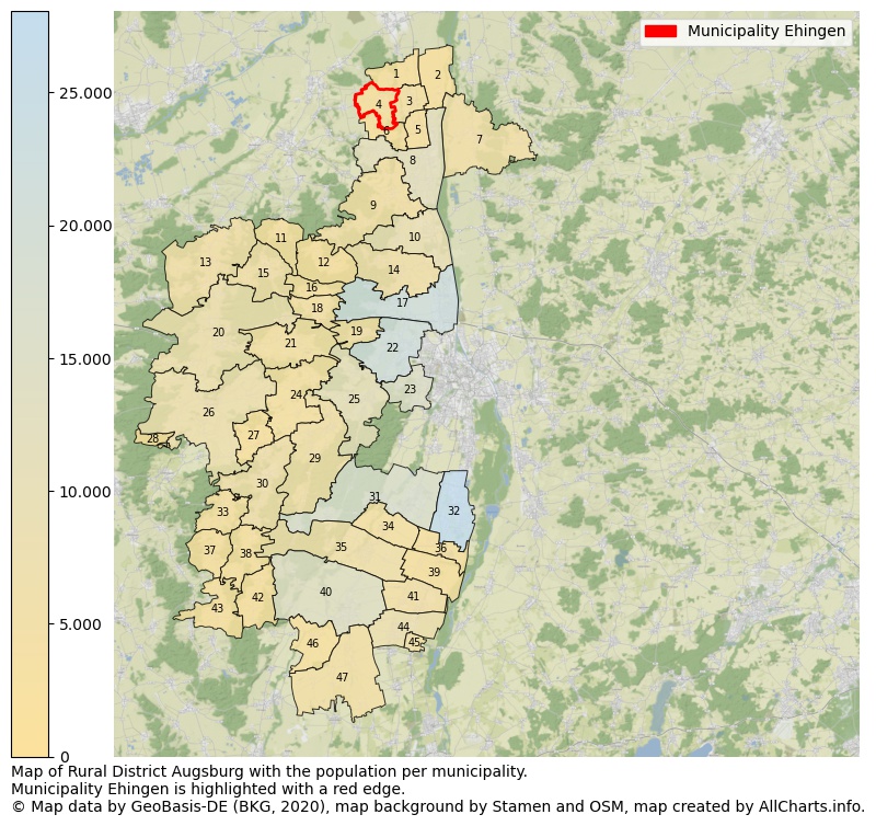 Map of Rural district Augsburg with the population per municipality.Municipality Ehingen is highlighted with a red edge.. This page shows a lot of information about residents (such as the distribution by age groups, family composition, gender, native or German with an immigration background, ...), homes (numbers, types, price development, use, type of property, ...) and more (car ownership, energy consumption, ...) based on open data from the German Federal Agency for Cartography, the Federal Statistical Office (DESTATIS), the Regional Statistical Offices and various other sources!