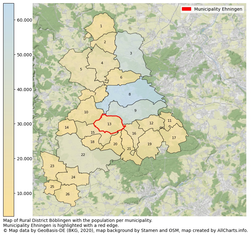 Map of Rural district Böblingen with the population per municipality.Municipality Ehningen is highlighted with a red edge.. This page shows a lot of information about residents (such as the distribution by age groups, family composition, gender, native or German with an immigration background, ...), homes (numbers, types, price development, use, type of property, ...) and more (car ownership, energy consumption, ...) based on open data from the German Federal Agency for Cartography, the Federal Statistical Office (DESTATIS), the Regional Statistical Offices and various other sources!