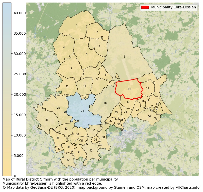 Map of Rural district Gifhorn with the population per municipality.Municipality Ehra-Lessien is highlighted with a red edge.. This page shows a lot of information about residents (such as the distribution by age groups, family composition, gender, native or German with an immigration background, ...), homes (numbers, types, price development, use, type of property, ...) and more (car ownership, energy consumption, ...) based on open data from the German Federal Agency for Cartography, the Federal Statistical Office (DESTATIS), the Regional Statistical Offices and various other sources!