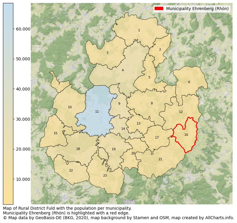 Map of Rural district Fuld with the population per municipality.Municipality Ehrenberg (Rhön) is highlighted with a red edge.. This page shows a lot of information about residents (such as the distribution by age groups, family composition, gender, native or German with an immigration background, ...), homes (numbers, types, price development, use, type of property, ...) and more (car ownership, energy consumption, ...) based on open data from the German Federal Agency for Cartography, the Federal Statistical Office (DESTATIS), the Regional Statistical Offices and various other sources!