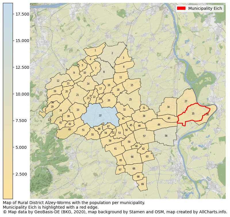 Map of Rural district Alzey-Worms with the population per municipality.Municipality Eich is highlighted with a red edge.. This page shows a lot of information about residents (such as the distribution by age groups, family composition, gender, native or German with an immigration background, ...), homes (numbers, types, price development, use, type of property, ...) and more (car ownership, energy consumption, ...) based on open data from the German Federal Agency for Cartography, the Federal Statistical Office (DESTATIS), the Regional Statistical Offices and various other sources!