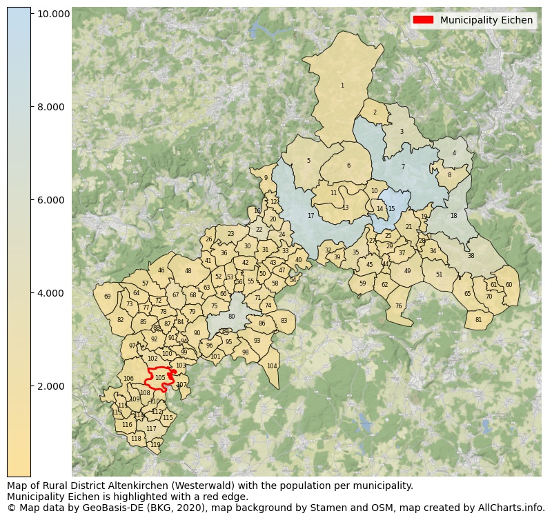 Map of Rural district Altenkirchen (Westerwald) with the population per municipality.Municipality Eichen is highlighted with a red edge.. This page shows a lot of information about residents (such as the distribution by age groups, family composition, gender, native or German with an immigration background, ...), homes (numbers, types, price development, use, type of property, ...) and more (car ownership, energy consumption, ...) based on open data from the German Federal Agency for Cartography, the Federal Statistical Office (DESTATIS), the Regional Statistical Offices and various other sources!