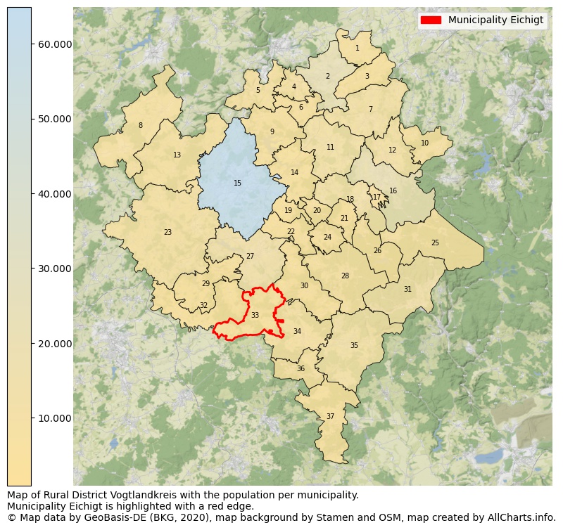 Map of Rural district Vogtlandkreis with the population per municipality.Municipality Eichigt is highlighted with a red edge.. This page shows a lot of information about residents (such as the distribution by age groups, family composition, gender, native or German with an immigration background, ...), homes (numbers, types, price development, use, type of property, ...) and more (car ownership, energy consumption, ...) based on open data from the German Federal Agency for Cartography, the Federal Statistical Office (DESTATIS), the Regional Statistical Offices and various other sources!