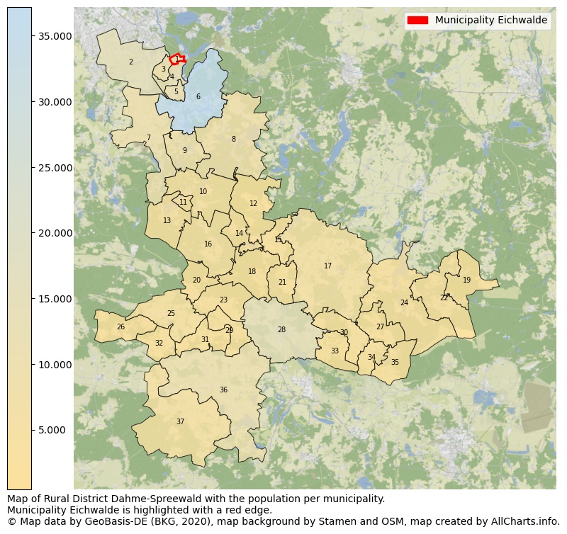 Map of Rural district Dahme-Spreewald with the population per municipality.Municipality Eichwalde is highlighted with a red edge.. This page shows a lot of information about residents (such as the distribution by age groups, family composition, gender, native or German with an immigration background, ...), homes (numbers, types, price development, use, type of property, ...) and more (car ownership, energy consumption, ...) based on open data from the German Federal Agency for Cartography, the Federal Statistical Office (DESTATIS), the Regional Statistical Offices and various other sources!