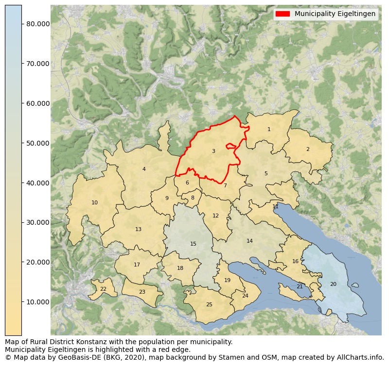 Map of Rural district Konstanz with the population per municipality.Municipality Eigeltingen is highlighted with a red edge.. This page shows a lot of information about residents (such as the distribution by age groups, family composition, gender, native or German with an immigration background, ...), homes (numbers, types, price development, use, type of property, ...) and more (car ownership, energy consumption, ...) based on open data from the German Federal Agency for Cartography, the Federal Statistical Office (DESTATIS), the Regional Statistical Offices and various other sources!