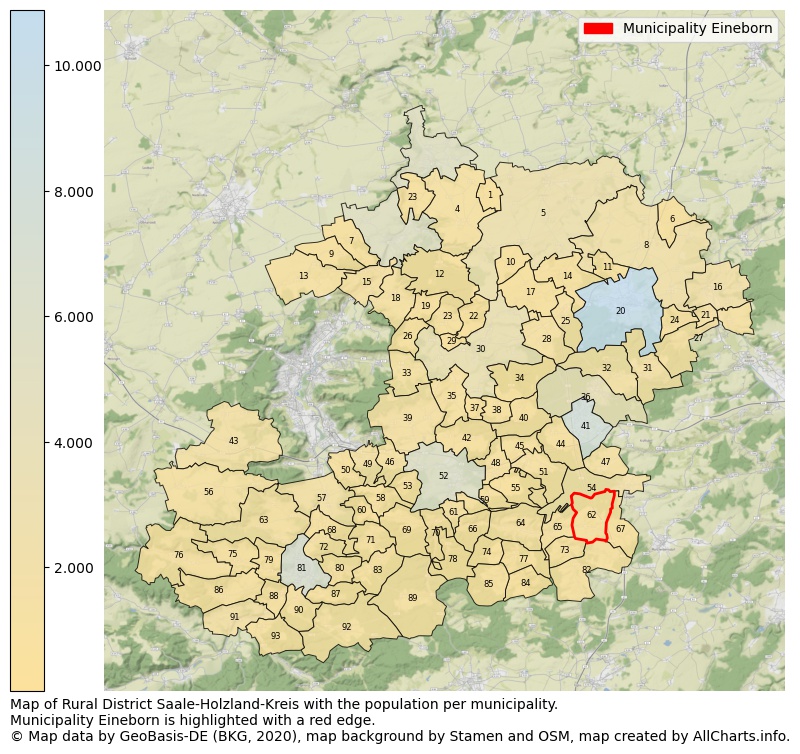 Map of Rural district Saale-Holzland-Kreis with the population per municipality.Municipality Eineborn is highlighted with a red edge.. This page shows a lot of information about residents (such as the distribution by age groups, family composition, gender, native or German with an immigration background, ...), homes (numbers, types, price development, use, type of property, ...) and more (car ownership, energy consumption, ...) based on open data from the German Federal Agency for Cartography, the Federal Statistical Office (DESTATIS), the Regional Statistical Offices and various other sources!