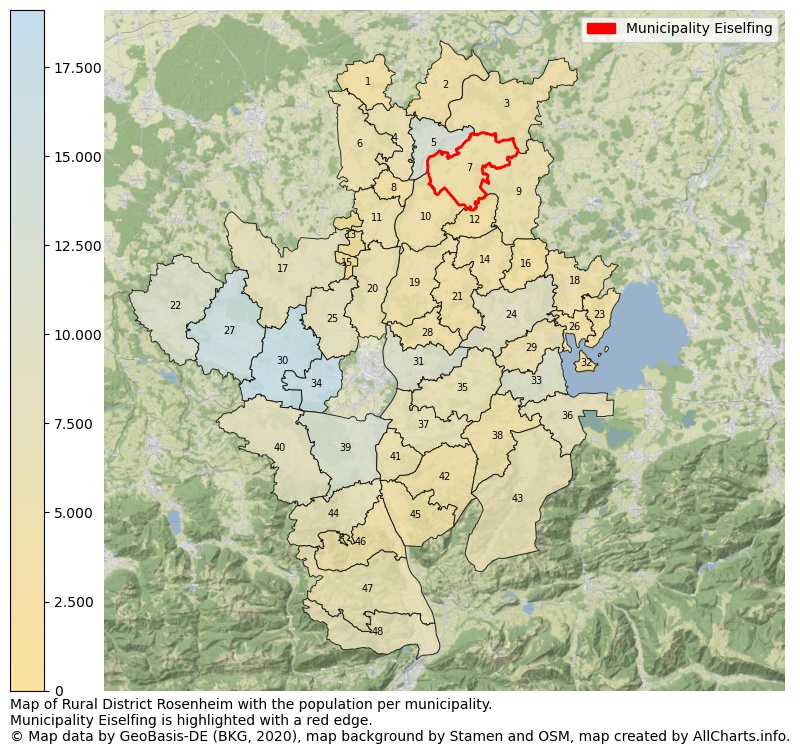 Map of Rural district Rosenheim with the population per municipality.Municipality Eiselfing is highlighted with a red edge.. This page shows a lot of information about residents (such as the distribution by age groups, family composition, gender, native or German with an immigration background, ...), homes (numbers, types, price development, use, type of property, ...) and more (car ownership, energy consumption, ...) based on open data from the German Federal Agency for Cartography, the Federal Statistical Office (DESTATIS), the Regional Statistical Offices and various other sources!