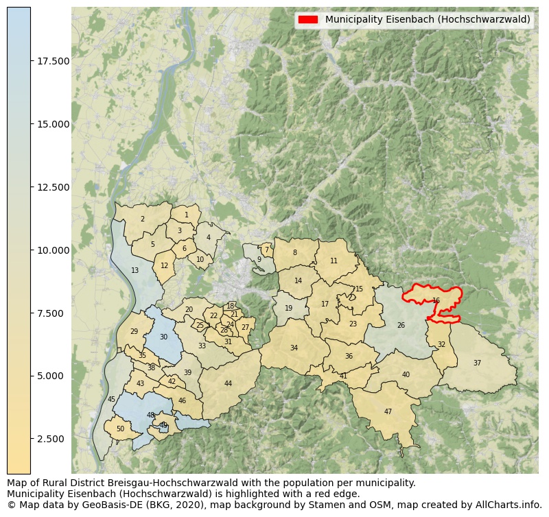 Map of Rural district Breisgau-Hochschwarzwald with the population per municipality.Municipality Eisenbach (Hochschwarzwald) is highlighted with a red edge.. This page shows a lot of information about residents (such as the distribution by age groups, family composition, gender, native or German with an immigration background, ...), homes (numbers, types, price development, use, type of property, ...) and more (car ownership, energy consumption, ...) based on open data from the German Federal Agency for Cartography, the Federal Statistical Office (DESTATIS), the Regional Statistical Offices and various other sources!