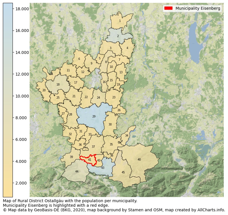 Map of Rural district Ostallgäu with the population per municipality.Municipality Eisenberg is highlighted with a red edge.. This page shows a lot of information about residents (such as the distribution by age groups, family composition, gender, native or German with an immigration background, ...), homes (numbers, types, price development, use, type of property, ...) and more (car ownership, energy consumption, ...) based on open data from the German Federal Agency for Cartography, the Federal Statistical Office (DESTATIS), the Regional Statistical Offices and various other sources!