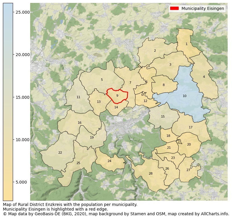 Map of Rural district Enzkreis with the population per municipality.Municipality Eisingen is highlighted with a red edge.. This page shows a lot of information about residents (such as the distribution by age groups, family composition, gender, native or German with an immigration background, ...), homes (numbers, types, price development, use, type of property, ...) and more (car ownership, energy consumption, ...) based on open data from the German Federal Agency for Cartography, the Federal Statistical Office (DESTATIS), the Regional Statistical Offices and various other sources!