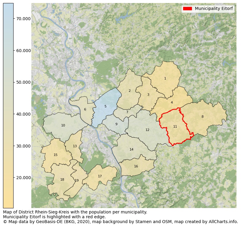 Map of District Rhein-Sieg-Kreis with the population per municipality.Municipality Eitorf is highlighted with a red edge.. This page shows a lot of information about residents (such as the distribution by age groups, family composition, gender, native or German with an immigration background, ...), homes (numbers, types, price development, use, type of property, ...) and more (car ownership, energy consumption, ...) based on open data from the German Federal Agency for Cartography, the Federal Statistical Office (DESTATIS), the Regional Statistical Offices and various other sources!