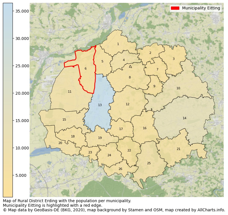 Map of Rural district Erding with the population per municipality.Municipality Eitting is highlighted with a red edge.. This page shows a lot of information about residents (such as the distribution by age groups, family composition, gender, native or German with an immigration background, ...), homes (numbers, types, price development, use, type of property, ...) and more (car ownership, energy consumption, ...) based on open data from the German Federal Agency for Cartography, the Federal Statistical Office (DESTATIS), the Regional Statistical Offices and various other sources!