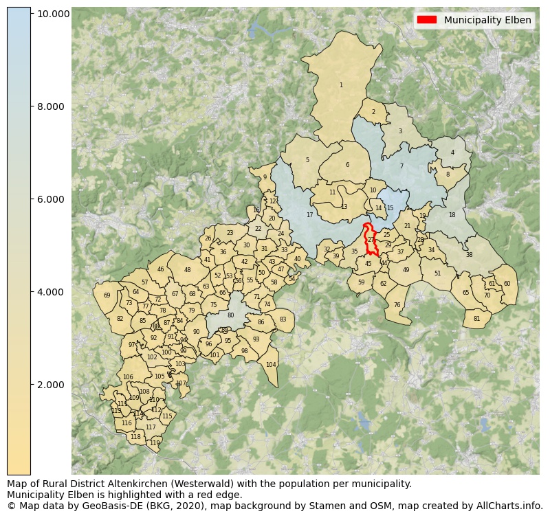 Map of Rural district Altenkirchen (Westerwald) with the population per municipality.Municipality Elben is highlighted with a red edge.. This page shows a lot of information about residents (such as the distribution by age groups, family composition, gender, native or German with an immigration background, ...), homes (numbers, types, price development, use, type of property, ...) and more (car ownership, energy consumption, ...) based on open data from the German Federal Agency for Cartography, the Federal Statistical Office (DESTATIS), the Regional Statistical Offices and various other sources!