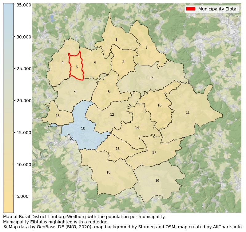 Map of Rural district Limburg-Weilburg with the population per municipality.Municipality Elbtal is highlighted with a red edge.. This page shows a lot of information about residents (such as the distribution by age groups, family composition, gender, native or German with an immigration background, ...), homes (numbers, types, price development, use, type of property, ...) and more (car ownership, energy consumption, ...) based on open data from the German Federal Agency for Cartography, the Federal Statistical Office (DESTATIS), the Regional Statistical Offices and various other sources!