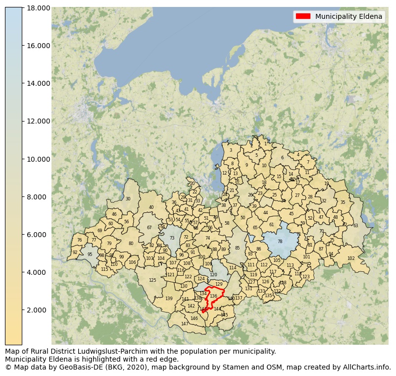 Map of Rural district Ludwigslust-Parchim with the population per municipality.Municipality Eldena is highlighted with a red edge.. This page shows a lot of information about residents (such as the distribution by age groups, family composition, gender, native or German with an immigration background, ...), homes (numbers, types, price development, use, type of property, ...) and more (car ownership, energy consumption, ...) based on open data from the German Federal Agency for Cartography, the Federal Statistical Office (DESTATIS), the Regional Statistical Offices and various other sources!