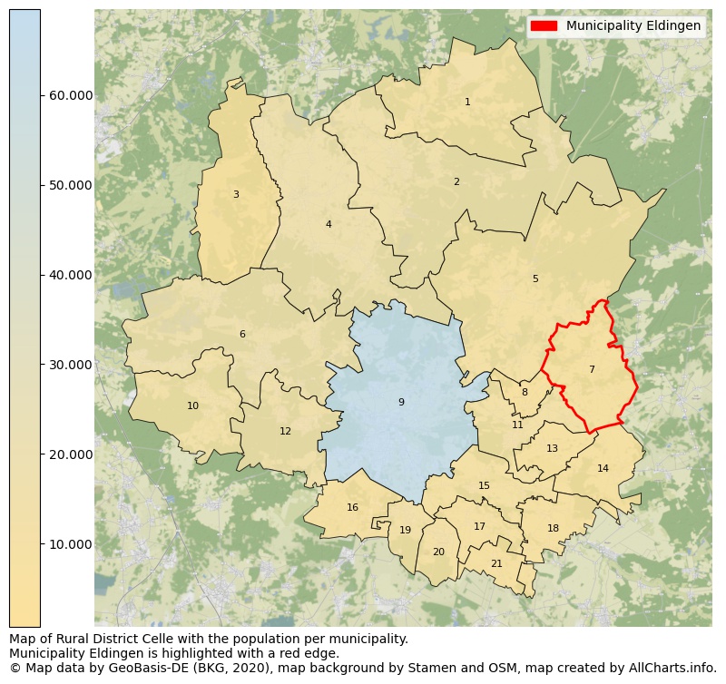 Map of Rural district Celle with the population per municipality.Municipality Eldingen is highlighted with a red edge.. This page shows a lot of information about residents (such as the distribution by age groups, family composition, gender, native or German with an immigration background, ...), homes (numbers, types, price development, use, type of property, ...) and more (car ownership, energy consumption, ...) based on open data from the German Federal Agency for Cartography, the Federal Statistical Office (DESTATIS), the Regional Statistical Offices and various other sources!