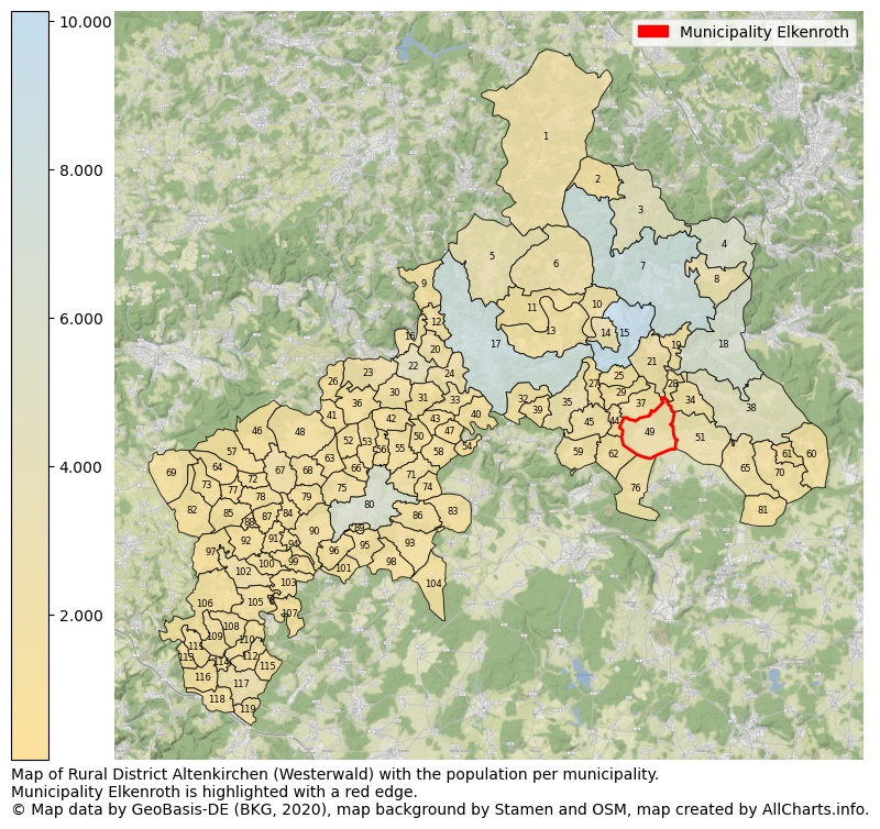 Map of Rural district Altenkirchen (Westerwald) with the population per municipality.Municipality Elkenroth is highlighted with a red edge.. This page shows a lot of information about residents (such as the distribution by age groups, family composition, gender, native or German with an immigration background, ...), homes (numbers, types, price development, use, type of property, ...) and more (car ownership, energy consumption, ...) based on open data from the German Federal Agency for Cartography, the Federal Statistical Office (DESTATIS), the Regional Statistical Offices and various other sources!
