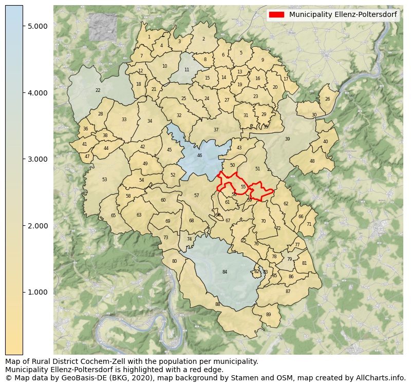 Map of Rural district Cochem-Zell with the population per municipality.Municipality Ellenz-Poltersdorf is highlighted with a red edge.. This page shows a lot of information about residents (such as the distribution by age groups, family composition, gender, native or German with an immigration background, ...), homes (numbers, types, price development, use, type of property, ...) and more (car ownership, energy consumption, ...) based on open data from the German Federal Agency for Cartography, the Federal Statistical Office (DESTATIS), the Regional Statistical Offices and various other sources!
