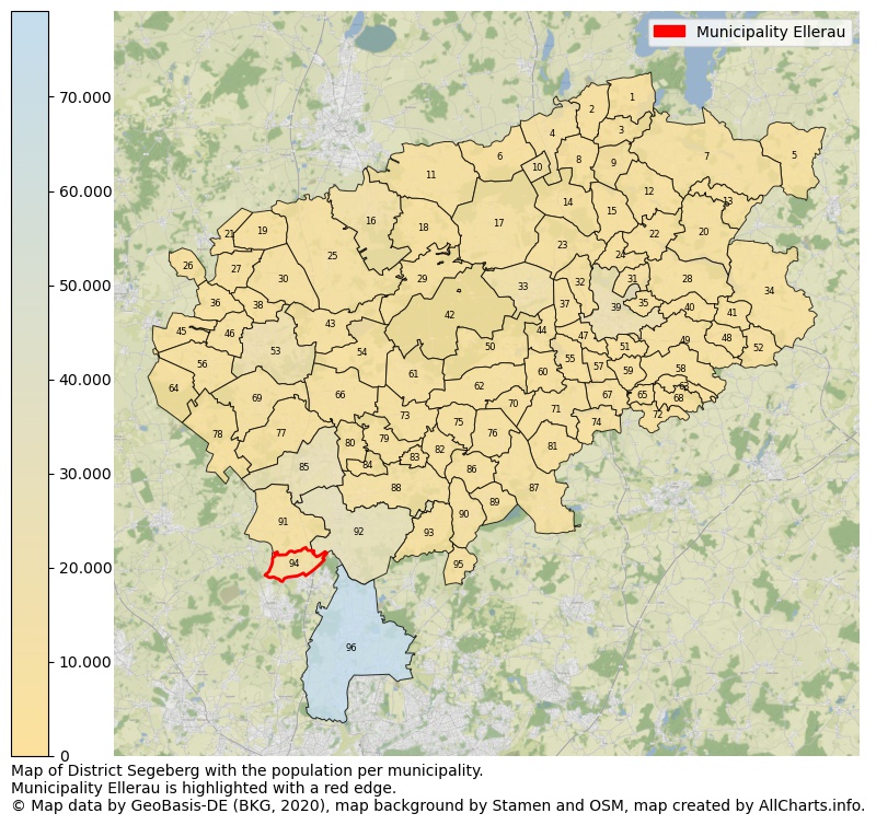 Map of District Segeberg with the population per municipality.Municipality Ellerau is highlighted with a red edge.. This page shows a lot of information about residents (such as the distribution by age groups, family composition, gender, native or German with an immigration background, ...), homes (numbers, types, price development, use, type of property, ...) and more (car ownership, energy consumption, ...) based on open data from the German Federal Agency for Cartography, the Federal Statistical Office (DESTATIS), the Regional Statistical Offices and various other sources!