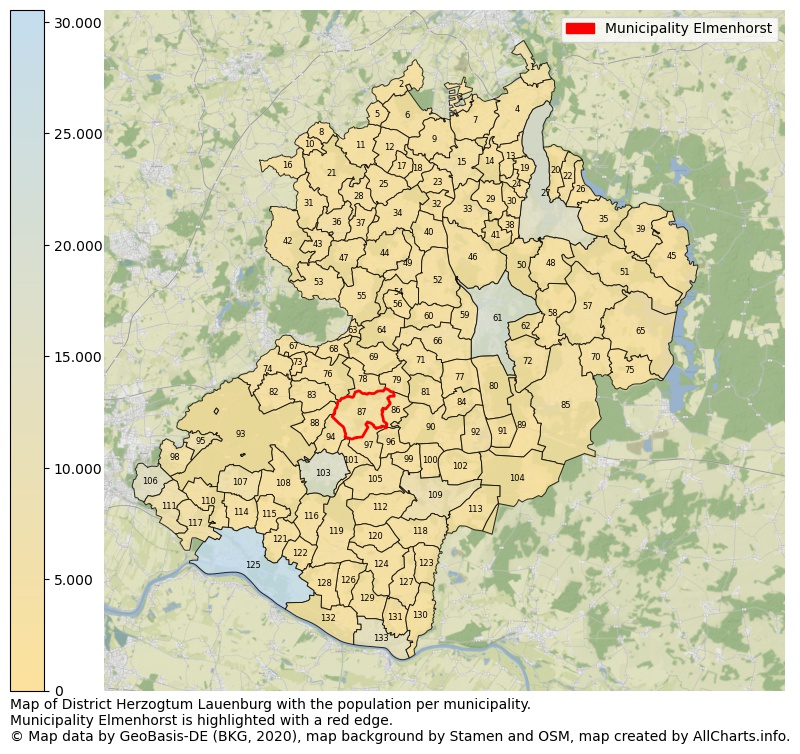 Map of District Herzogtum Lauenburg with the population per municipality.Municipality Elmenhorst is highlighted with a red edge.. This page shows a lot of information about residents (such as the distribution by age groups, family composition, gender, native or German with an immigration background, ...), homes (numbers, types, price development, use, type of property, ...) and more (car ownership, energy consumption, ...) based on open data from the German Federal Agency for Cartography, the Federal Statistical Office (DESTATIS), the Regional Statistical Offices and various other sources!