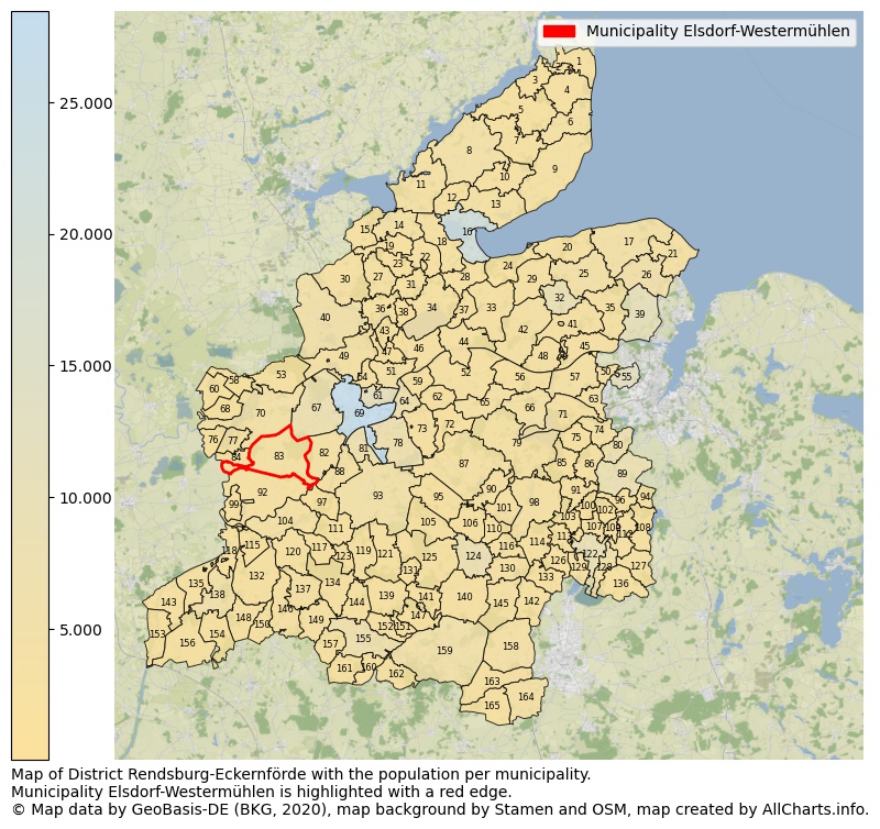 Map of District Rendsburg-Eckernförde with the population per municipality.Municipality Elsdorf-Westermühlen is highlighted with a red edge.. This page shows a lot of information about residents (such as the distribution by age groups, family composition, gender, native or German with an immigration background, ...), homes (numbers, types, price development, use, type of property, ...) and more (car ownership, energy consumption, ...) based on open data from the German Federal Agency for Cartography, the Federal Statistical Office (DESTATIS), the Regional Statistical Offices and various other sources!