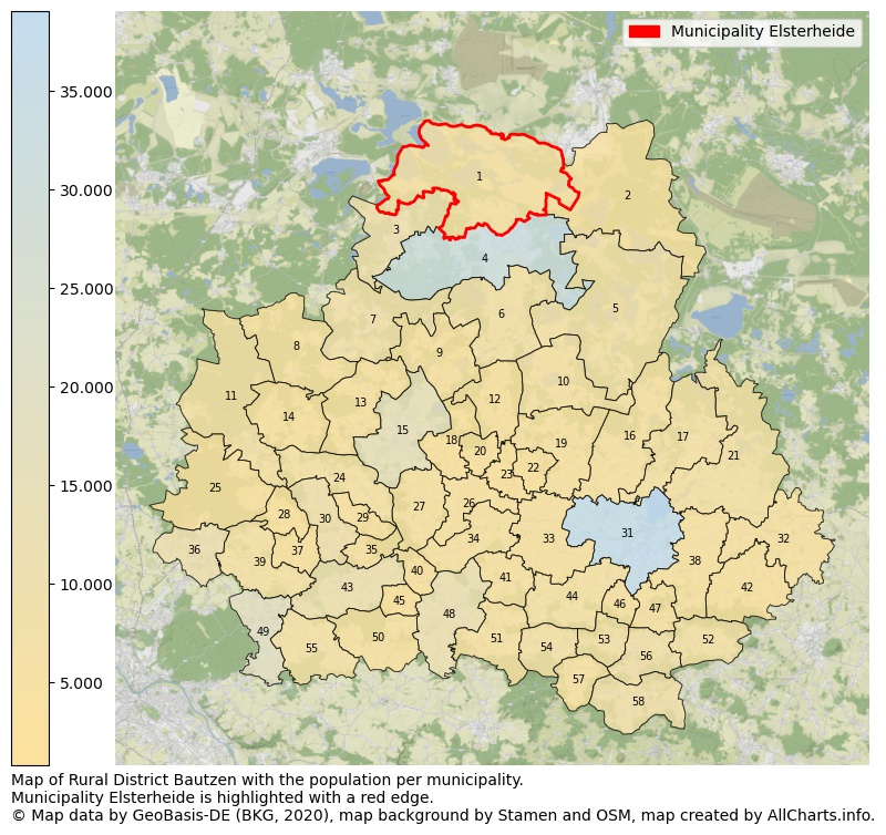 Map of Rural district Bautzen with the population per municipality.Municipality Elsterheide is highlighted with a red edge.. This page shows a lot of information about residents (such as the distribution by age groups, family composition, gender, native or German with an immigration background, ...), homes (numbers, types, price development, use, type of property, ...) and more (car ownership, energy consumption, ...) based on open data from the German Federal Agency for Cartography, the Federal Statistical Office (DESTATIS), the Regional Statistical Offices and various other sources!