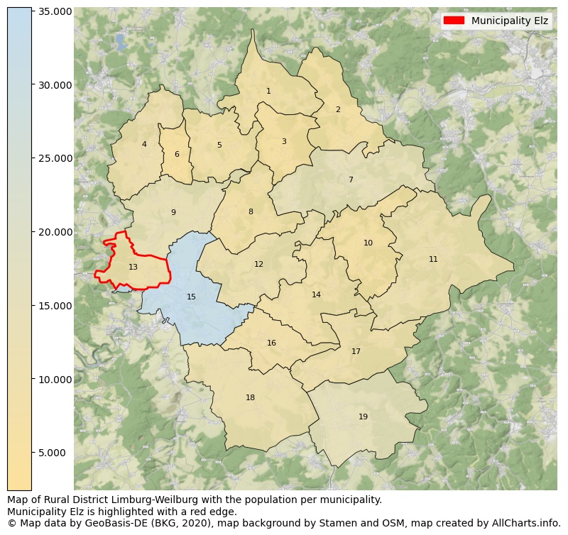 Map of Rural district Limburg-Weilburg with the population per municipality.Municipality Elz is highlighted with a red edge.. This page shows a lot of information about residents (such as the distribution by age groups, family composition, gender, native or German with an immigration background, ...), homes (numbers, types, price development, use, type of property, ...) and more (car ownership, energy consumption, ...) based on open data from the German Federal Agency for Cartography, the Federal Statistical Office (DESTATIS), the Regional Statistical Offices and various other sources!