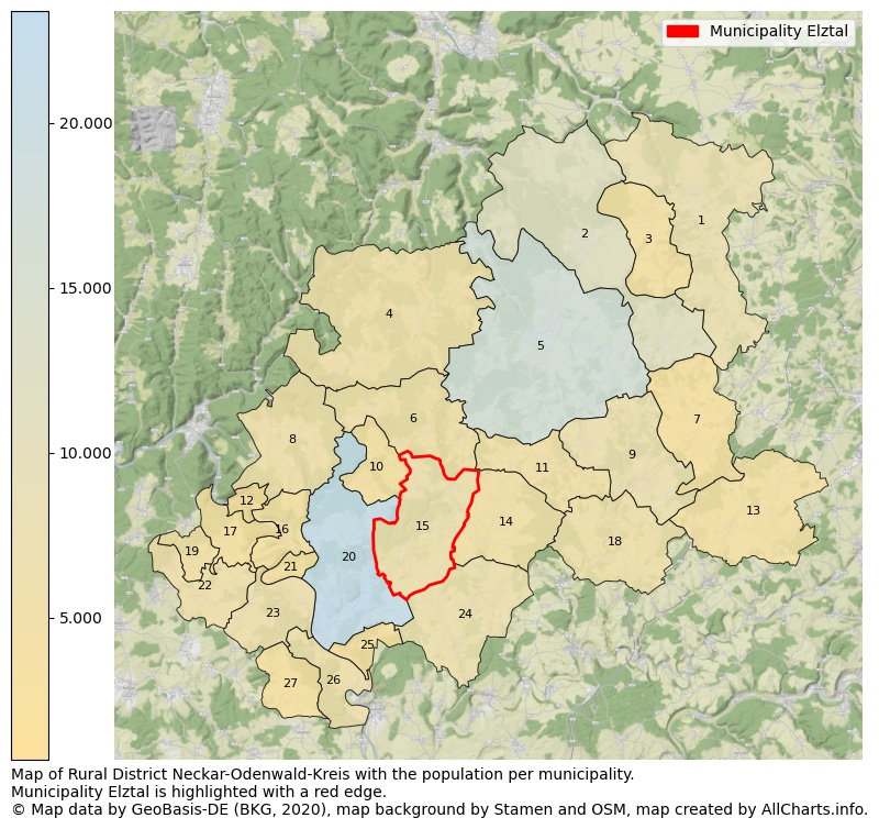 Map of Rural district Neckar-Odenwald-Kreis with the population per municipality.Municipality Elztal is highlighted with a red edge.. This page shows a lot of information about residents (such as the distribution by age groups, family composition, gender, native or German with an immigration background, ...), homes (numbers, types, price development, use, type of property, ...) and more (car ownership, energy consumption, ...) based on open data from the German Federal Agency for Cartography, the Federal Statistical Office (DESTATIS), the Regional Statistical Offices and various other sources!