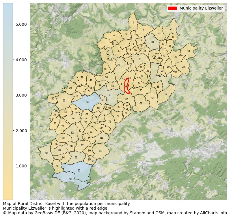 Map of Rural district Kusel with the population per municipality.Municipality Elzweiler is highlighted with a red edge.. This page shows a lot of information about residents (such as the distribution by age groups, family composition, gender, native or German with an immigration background, ...), homes (numbers, types, price development, use, type of property, ...) and more (car ownership, energy consumption, ...) based on open data from the German Federal Agency for Cartography, the Federal Statistical Office (DESTATIS), the Regional Statistical Offices and various other sources!