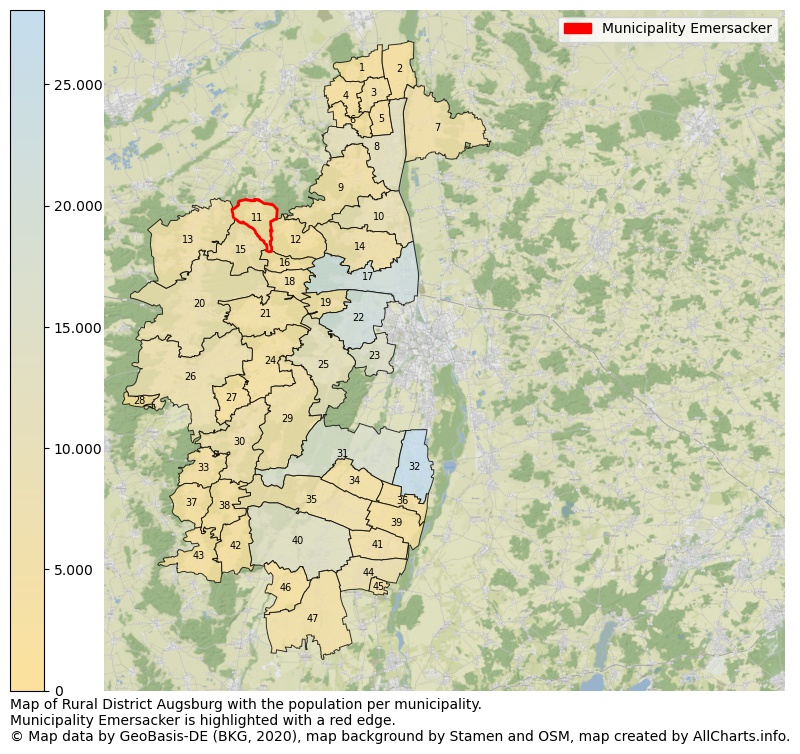 Map of Rural district Augsburg with the population per municipality.Municipality Emersacker is highlighted with a red edge.. This page shows a lot of information about residents (such as the distribution by age groups, family composition, gender, native or German with an immigration background, ...), homes (numbers, types, price development, use, type of property, ...) and more (car ownership, energy consumption, ...) based on open data from the German Federal Agency for Cartography, the Federal Statistical Office (DESTATIS), the Regional Statistical Offices and various other sources!