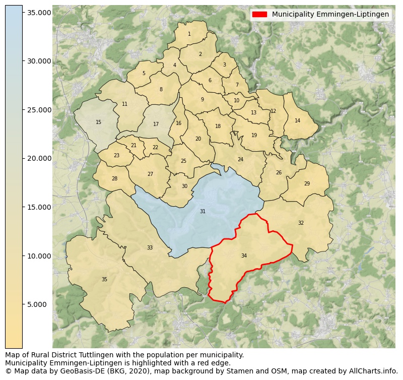 Map of Rural district Tuttlingen with the population per municipality.Municipality Emmingen-Liptingen is highlighted with a red edge.. This page shows a lot of information about residents (such as the distribution by age groups, family composition, gender, native or German with an immigration background, ...), homes (numbers, types, price development, use, type of property, ...) and more (car ownership, energy consumption, ...) based on open data from the German Federal Agency for Cartography, the Federal Statistical Office (DESTATIS), the Regional Statistical Offices and various other sources!