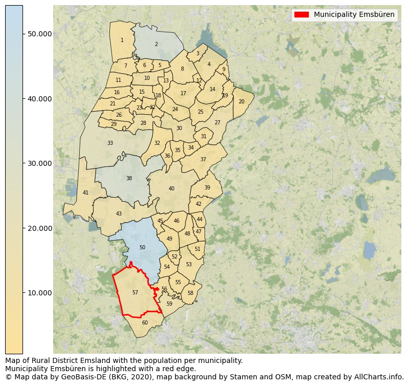 Map of Rural district Emsland with the population per municipality.Municipality Emsbüren is highlighted with a red edge.. This page shows a lot of information about residents (such as the distribution by age groups, family composition, gender, native or German with an immigration background, ...), homes (numbers, types, price development, use, type of property, ...) and more (car ownership, energy consumption, ...) based on open data from the German Federal Agency for Cartography, the Federal Statistical Office (DESTATIS), the Regional Statistical Offices and various other sources!