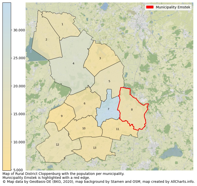 Map of Rural district Cloppenburg with the population per municipality.Municipality Emstek is highlighted with a red edge.. This page shows a lot of information about residents (such as the distribution by age groups, family composition, gender, native or German with an immigration background, ...), homes (numbers, types, price development, use, type of property, ...) and more (car ownership, energy consumption, ...) based on open data from the German Federal Agency for Cartography, the Federal Statistical Office (DESTATIS), the Regional Statistical Offices and various other sources!
