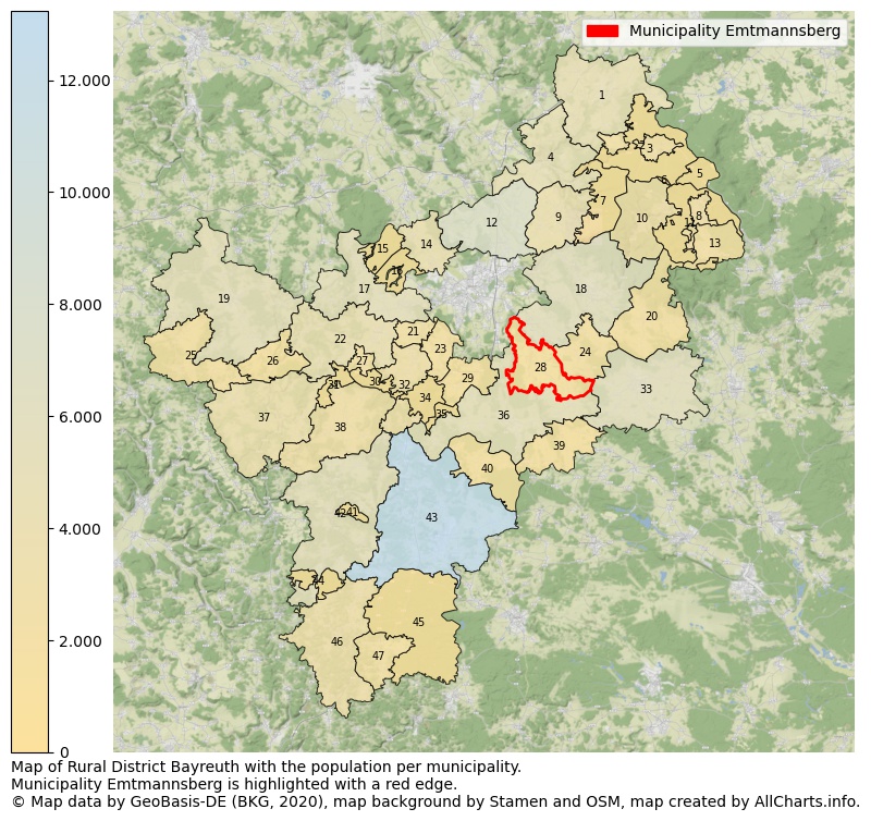 Map of Rural district Bayreuth with the population per municipality.Municipality Emtmannsberg is highlighted with a red edge.. This page shows a lot of information about residents (such as the distribution by age groups, family composition, gender, native or German with an immigration background, ...), homes (numbers, types, price development, use, type of property, ...) and more (car ownership, energy consumption, ...) based on open data from the German Federal Agency for Cartography, the Federal Statistical Office (DESTATIS), the Regional Statistical Offices and various other sources!