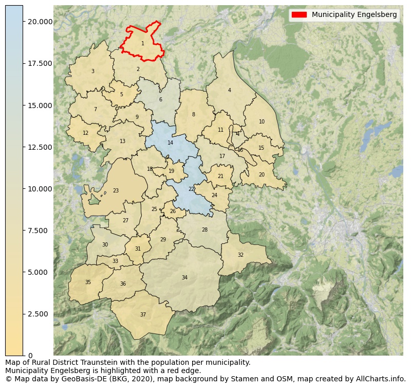 Map of Rural district Traunstein with the population per municipality.Municipality Engelsberg is highlighted with a red edge.. This page shows a lot of information about residents (such as the distribution by age groups, family composition, gender, native or German with an immigration background, ...), homes (numbers, types, price development, use, type of property, ...) and more (car ownership, energy consumption, ...) based on open data from the German Federal Agency for Cartography, the Federal Statistical Office (DESTATIS), the Regional Statistical Offices and various other sources!