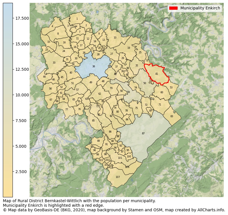 Map of Rural district Bernkastel-Wittlich with the population per municipality.Municipality Enkirch is highlighted with a red edge.. This page shows a lot of information about residents (such as the distribution by age groups, family composition, gender, native or German with an immigration background, ...), homes (numbers, types, price development, use, type of property, ...) and more (car ownership, energy consumption, ...) based on open data from the German Federal Agency for Cartography, the Federal Statistical Office (DESTATIS), the Regional Statistical Offices and various other sources!