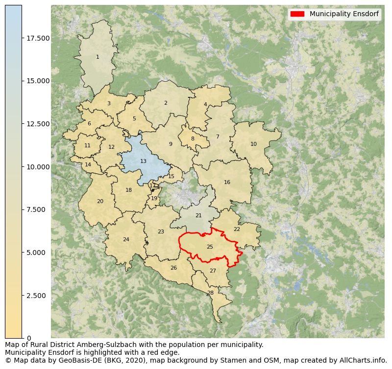Map of Rural district Amberg-Sulzbach with the population per municipality.Municipality Ensdorf is highlighted with a red edge.. This page shows a lot of information about residents (such as the distribution by age groups, family composition, gender, native or German with an immigration background, ...), homes (numbers, types, price development, use, type of property, ...) and more (car ownership, energy consumption, ...) based on open data from the German Federal Agency for Cartography, the Federal Statistical Office (DESTATIS), the Regional Statistical Offices and various other sources!
