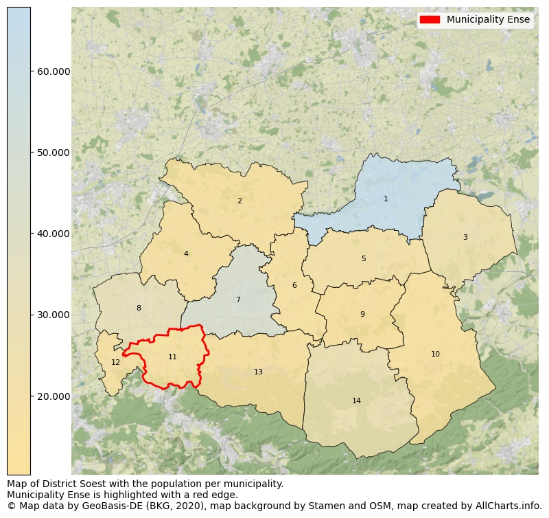 Map of District Soest with the population per municipality.Municipality Ense is highlighted with a red edge.. This page shows a lot of information about residents (such as the distribution by age groups, family composition, gender, native or German with an immigration background, ...), homes (numbers, types, price development, use, type of property, ...) and more (car ownership, energy consumption, ...) based on open data from the German Federal Agency for Cartography, the Federal Statistical Office (DESTATIS), the Regional Statistical Offices and various other sources!