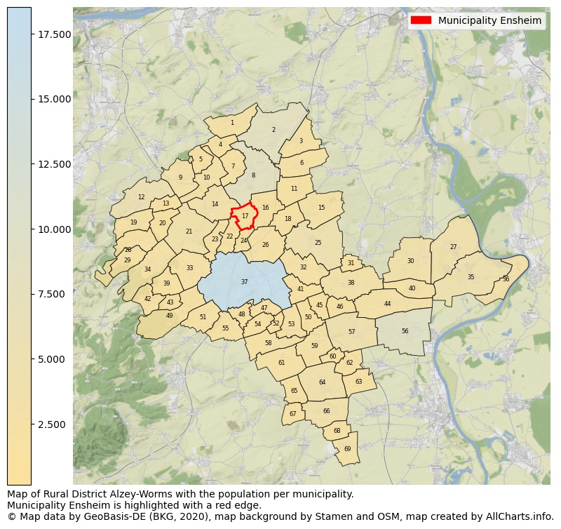 Map of Rural district Alzey-Worms with the population per municipality.Municipality Ensheim is highlighted with a red edge.. This page shows a lot of information about residents (such as the distribution by age groups, family composition, gender, native or German with an immigration background, ...), homes (numbers, types, price development, use, type of property, ...) and more (car ownership, energy consumption, ...) based on open data from the German Federal Agency for Cartography, the Federal Statistical Office (DESTATIS), the Regional Statistical Offices and various other sources!
