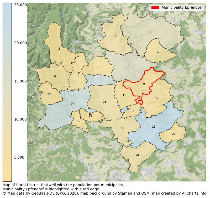 Map of Rural district Rottweil with the population per municipality.Municipality Epfendorf is highlighted with a red edge.. This page shows a lot of information about residents (such as the distribution by age groups, family composition, gender, native or German with an immigration background, ...), homes (numbers, types, price development, use, type of property, ...) and more (car ownership, energy consumption, ...) based on open data from the German Federal Agency for Cartography, the Federal Statistical Office (DESTATIS), the Regional Statistical Offices and various other sources!