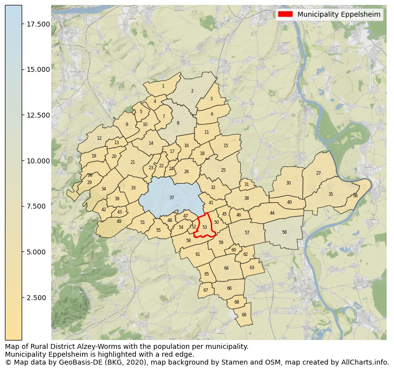 Map of Rural district Alzey-Worms with the population per municipality.Municipality Eppelsheim is highlighted with a red edge.. This page shows a lot of information about residents (such as the distribution by age groups, family composition, gender, native or German with an immigration background, ...), homes (numbers, types, price development, use, type of property, ...) and more (car ownership, energy consumption, ...) based on open data from the German Federal Agency for Cartography, the Federal Statistical Office (DESTATIS), the Regional Statistical Offices and various other sources!