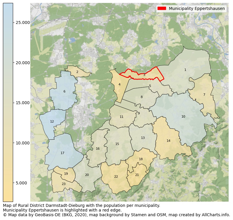 Map of Rural district Darmstadt-Dieburg with the population per municipality.Municipality Eppertshausen is highlighted with a red edge.. This page shows a lot of information about residents (such as the distribution by age groups, family composition, gender, native or German with an immigration background, ...), homes (numbers, types, price development, use, type of property, ...) and more (car ownership, energy consumption, ...) based on open data from the German Federal Agency for Cartography, the Federal Statistical Office (DESTATIS), the Regional Statistical Offices and various other sources!