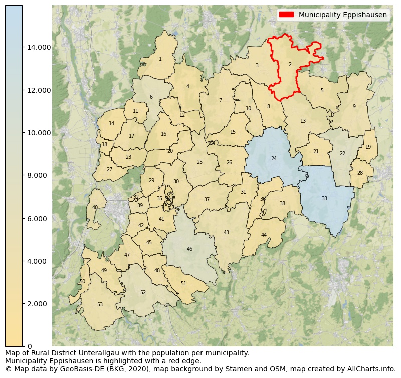 Map of Rural district Unterallgäu with the population per municipality.Municipality Eppishausen is highlighted with a red edge.. This page shows a lot of information about residents (such as the distribution by age groups, family composition, gender, native or German with an immigration background, ...), homes (numbers, types, price development, use, type of property, ...) and more (car ownership, energy consumption, ...) based on open data from the German Federal Agency for Cartography, the Federal Statistical Office (DESTATIS), the Regional Statistical Offices and various other sources!