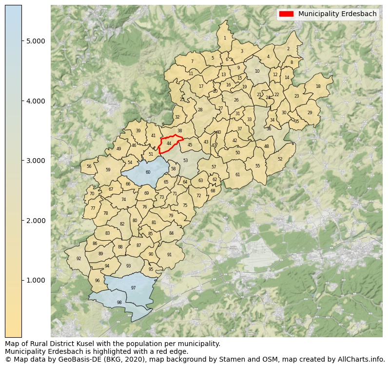 Map of Rural district Kusel with the population per municipality.Municipality Erdesbach is highlighted with a red edge.. This page shows a lot of information about residents (such as the distribution by age groups, family composition, gender, native or German with an immigration background, ...), homes (numbers, types, price development, use, type of property, ...) and more (car ownership, energy consumption, ...) based on open data from the German Federal Agency for Cartography, the Federal Statistical Office (DESTATIS), the Regional Statistical Offices and various other sources!