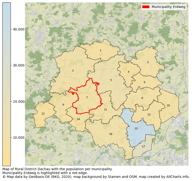 Map of Rural district Dachau with the population per municipality.Municipality Erdweg is highlighted with a red edge.. This page shows a lot of information about residents (such as the distribution by age groups, family composition, gender, native or German with an immigration background, ...), homes (numbers, types, price development, use, type of property, ...) and more (car ownership, energy consumption, ...) based on open data from the German Federal Agency for Cartography, the Federal Statistical Office (DESTATIS), the Regional Statistical Offices and various other sources!