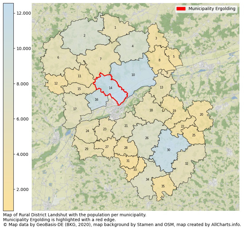 Map of Rural district Landshut with the population per municipality.Municipality Ergolding is highlighted with a red edge.. This page shows a lot of information about residents (such as the distribution by age groups, family composition, gender, native or German with an immigration background, ...), homes (numbers, types, price development, use, type of property, ...) and more (car ownership, energy consumption, ...) based on open data from the German Federal Agency for Cartography, the Federal Statistical Office (DESTATIS), the Regional Statistical Offices and various other sources!
