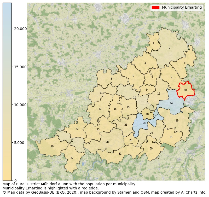 Map of Rural district Mühldorf a. Inn with the population per municipality.Municipality Erharting is highlighted with a red edge.. This page shows a lot of information about residents (such as the distribution by age groups, family composition, gender, native or German with an immigration background, ...), homes (numbers, types, price development, use, type of property, ...) and more (car ownership, energy consumption, ...) based on open data from the German Federal Agency for Cartography, the Federal Statistical Office (DESTATIS), the Regional Statistical Offices and various other sources!